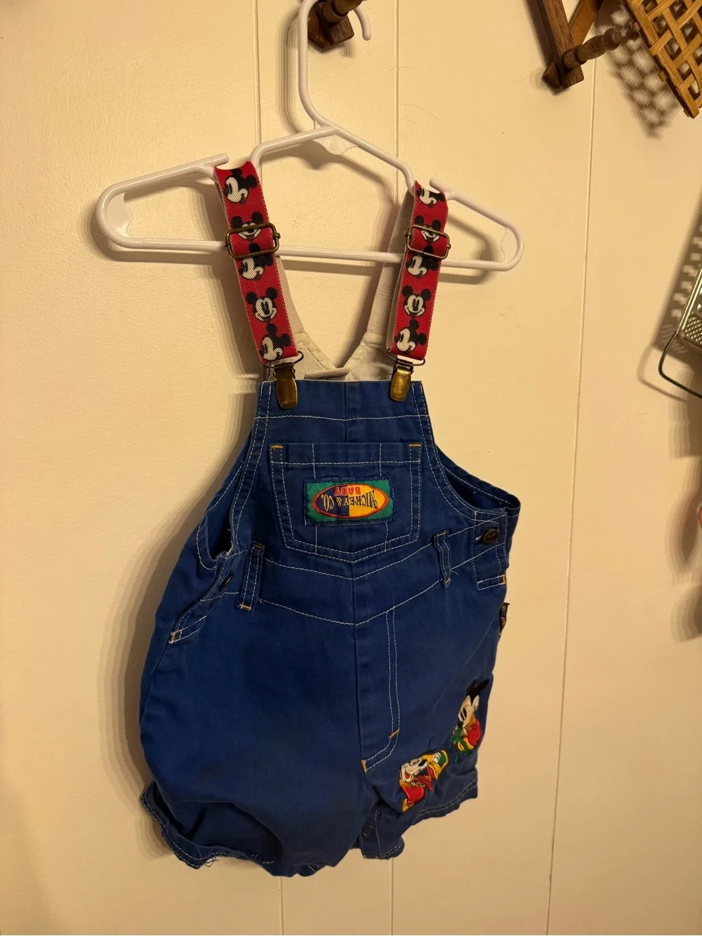 Kids Blue Mickey Mouse Short Overalls with Red Printed Suspenders